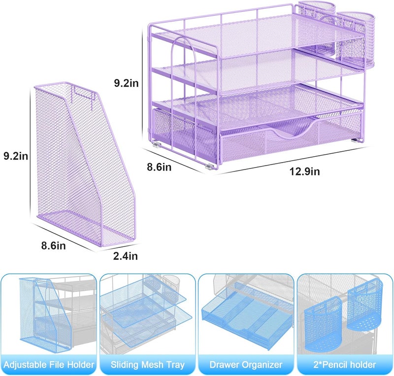gianotter Desk Organizers and Accessories with File Holder, 4-Tier Desk Accessories & Workspace Organizers with Drawer and 2 Pen Holder, Paper Organizer for Office Supplies (Purple) - Image 5